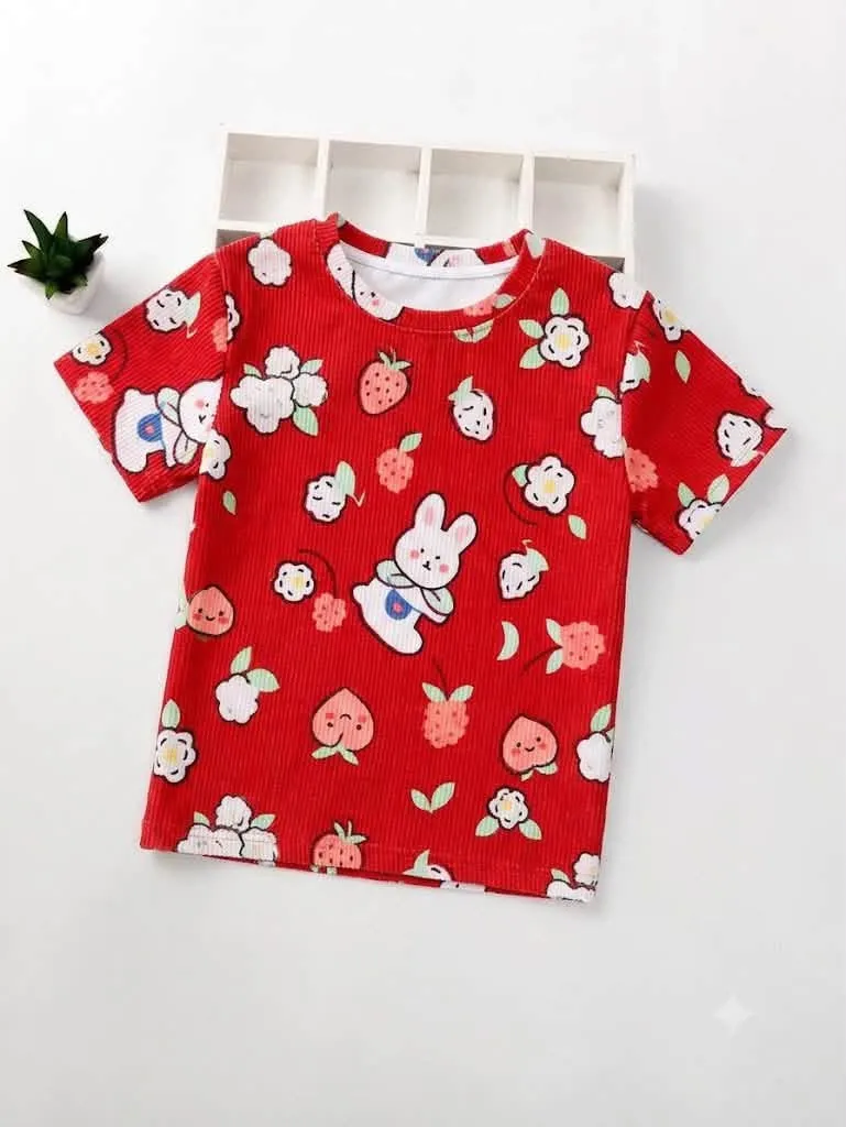 Red Bunny & Fruit Print Ribbed T-Shirt